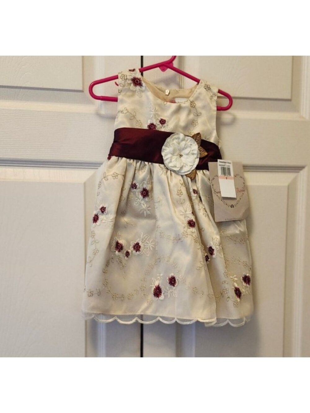 New Toddler Girl Sweet Heart Rose Ivory Burgunday Holiday Dress Size 2T